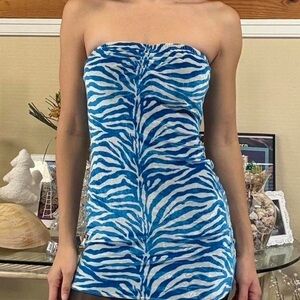Blue Velvet Zebra Print Strapless Dress like new XS